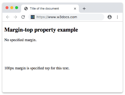 Esempio della proprietà CSS margin-top con 100px di spazio sopra un paragrafo