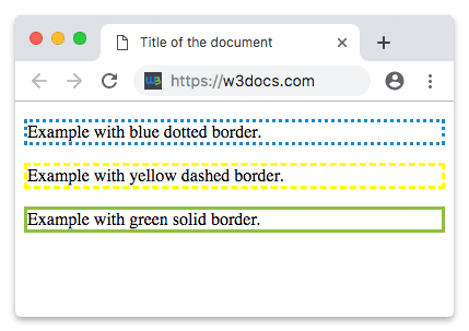 Tre paragrafi con bordi CSS puntinati blu, tratteggiati gialli e solidi verdi