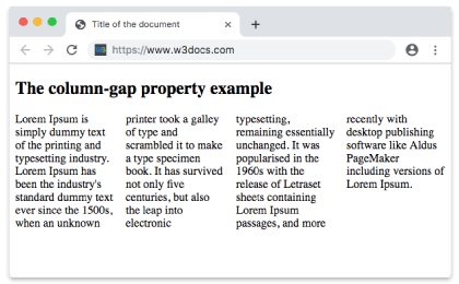 Proprietà CSS column-gap con valore normal renderizzata in quattro colonne