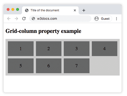 Proprietà CSS grid-column: il box 6 si estende dalle colonne 2 a 4 in una griglia
