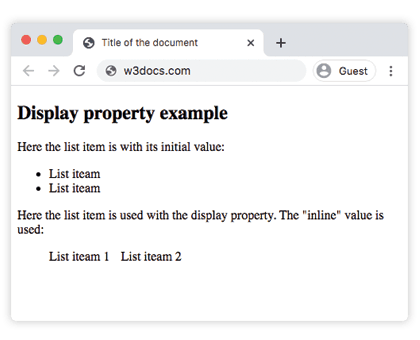 Esempio della proprietà CSS display che mostra gli elementi di lista resi inline