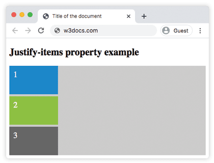 CSS justify-items start: tre elementi della griglia allineati al bordo sinistro di ogni cella