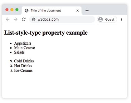 Una lista con marcatori quadrati e una lista numerata in ebraico visualizzate dalla proprietà list-style-type