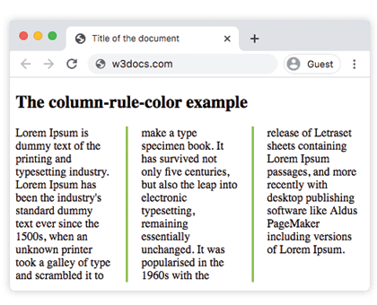 Proprietà CSS column-rule-color con un valore esadecimale